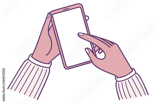 Hands Using Mobile Phone with Blank Screen, Pink Pastel Aesthetic Style Illustration