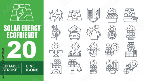 Solar Energy set of web icons in line style. Exclusive Ecofriendly linear icon collection. Containing energy, panel, solar, technology, ecology, alternative, battery, system and more. Editable stroke