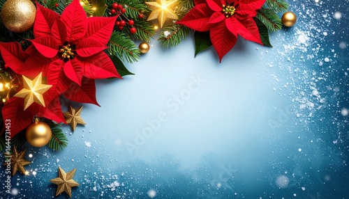 Christmas background with red poinsettia flowers, golden stars, baubles, and pine branches on frosty blue backdrop, festive holiday decoration for greeting cards, banners, and invitations