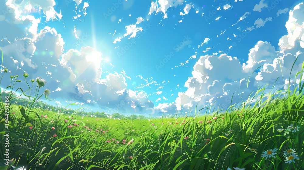 Obraz premium Vibrant green field under a bright blue sky with fluffy white clouds and shining sun