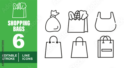 Shopping Bags set of web icons in line style. Exclusive Shopping Bags linear icon collection. Containing carrier, cloth, paper, reusable, plastic, market and more. Editable stroke