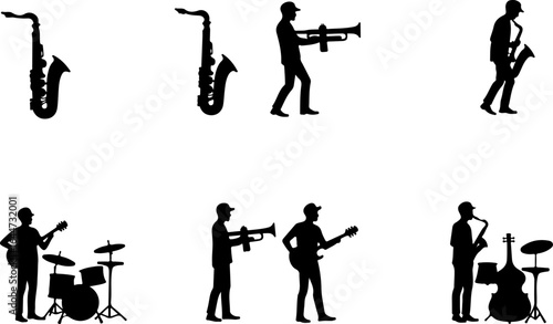 "Saxophone music, silhouette, jazz, musical instrument, black and white,  vector graphics