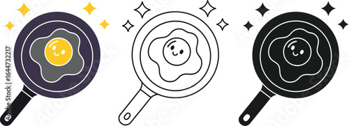 Three frying pans with eggs in different styles illustration