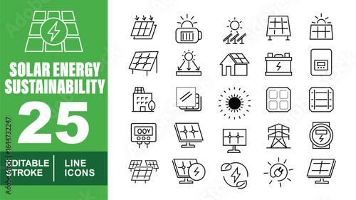 Solar Energy set of web icons in line style. Exclusive Sustainability linear icon collection. Containing panel, battery, production, building, transmitter, ecology, module, current. Editable stroke