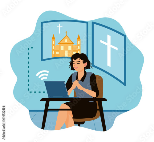 Woman participating in online worship ceremony with background of church elements.