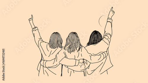 Minimalist Line Art Three Girlfriends Hugging with Arms Raised Illustration