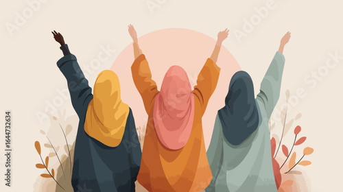 Illustration Rear View Three Woman Wearing Hijab with Arms Raised