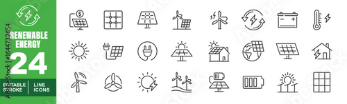 Renewable Energy set of web icons in line style. Exclusive Renewable Energy linear icon collection. Containing ecology, green, development, environment, solar, resources, electricity. Editable stroke