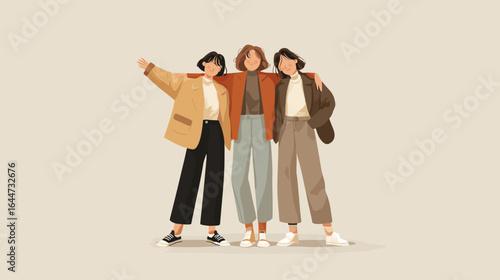Elegant Handdrawn Three Diverse Woman Friends Standing Together Illustration