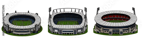 Three Isometric Football Stadiums with Different Color Seating and Lighting