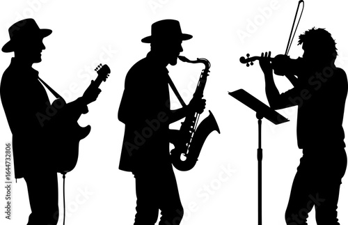 Silhouettes in Harmony"  musicians band, guitar, saxophone, man rock, classical, vector bundle