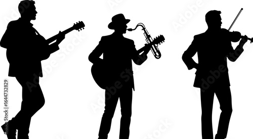 Silhouettes in Harmony"  musicians band, guitar, saxophone, man rock, classical, vector bundle