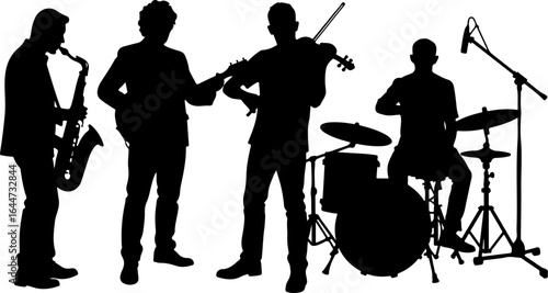 Silhouettes in Harmony"  musicians band, guitar, saxophone, man rock, classical, vector bundle