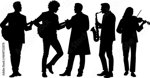 Silhouettes in Harmony"  musicians band, guitar, saxophone, man rock, classical, vector bundle
