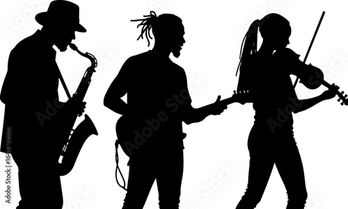 Silhouettes in Harmony"  musicians band, guitar, saxophone, man rock, classical, vector bundle