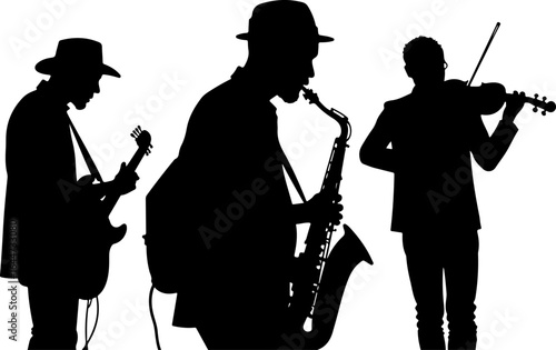 Silhouettes in Harmony"  musicians band, guitar, saxophone, man rock, classical, vector bundle
