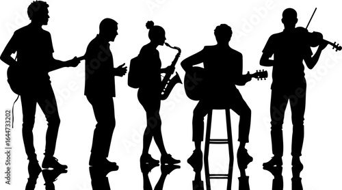 Silhouettes in Harmony"  musicians band, guitar, saxophone, man rock, classical, vector bundle