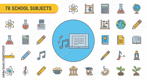 Collection of colorful, outlined icons representing 78 different school subjects.