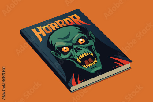 Illustrated Horror Book with Green Zombie and Yellow Eyes on Orange Background, Spine Visible