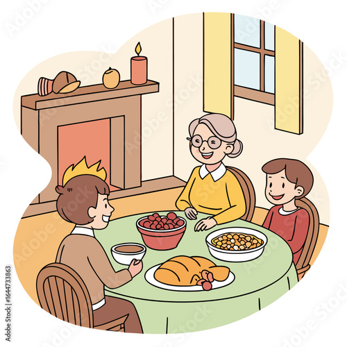A joyful family gathering around a festive table with a warm fireplace and a candle enjoying a delicious meal together