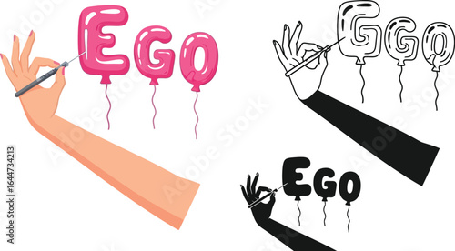 Illustration of hand popping ego balloons with a sharp object