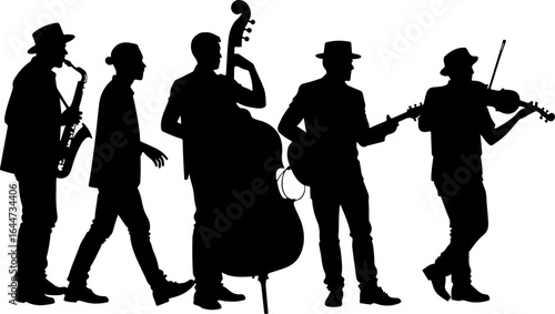 Silhouette of a Live Band Performance" guitar, saxophone, violin, drums, silhouette, music 