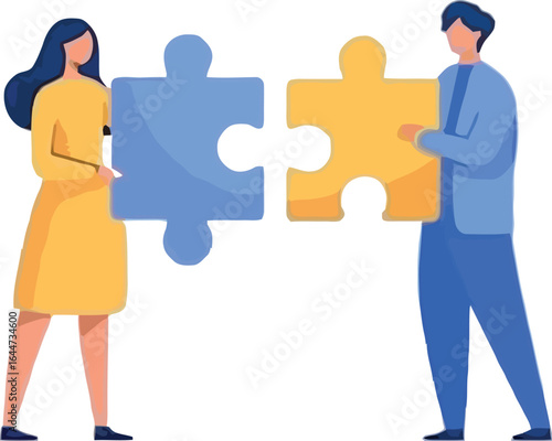 A woman and a man holding a blue and yellow puzzle piece facing each other on a white background art