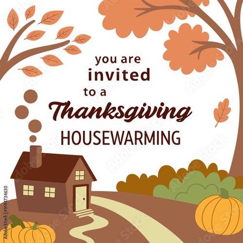 You are invited to a thanksgiving housewarming celebration with a charming autumn scene featuring a cozy house pumpkins and fall foliage