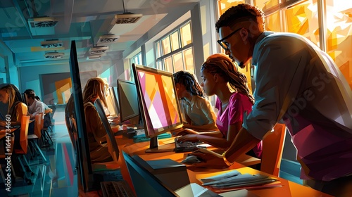 High School Computer Lab with Students Focused on Monitors perfect for digital education materials, classroom tech brochures, workforce readiness campaigns and learning environment visuals