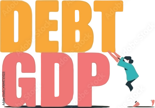 Illustration of a person holding up the word debt above the word gdp on a white background concept art