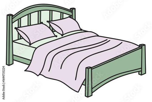 Illustration of a Fully Made Bed with Lavender Linens and Light Green Frame