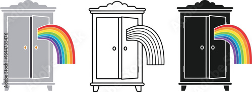 Three wardrobes with rainbows coming out of the open doors