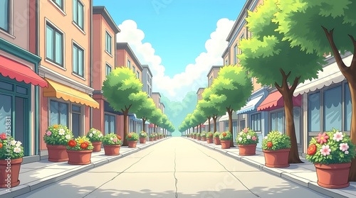 Background with a cartoon nuance on a tranquil street with tall, slender apartment buildings