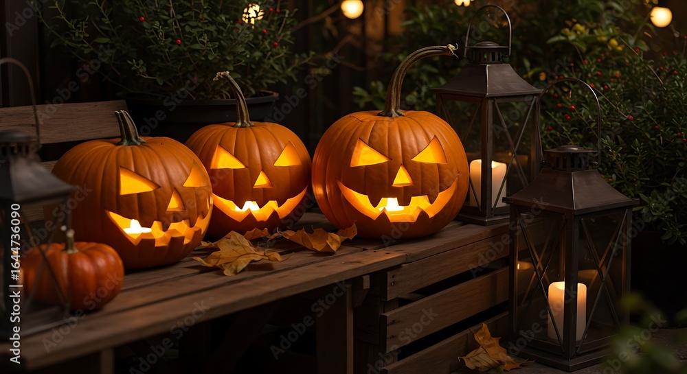 Obraz premium Spooky Halloween pumpkins and lanterns glowing on a wooden bench