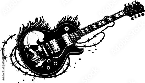"Rock Inferno: Skull & Electric Guitar Tattoo Design" graphics vector