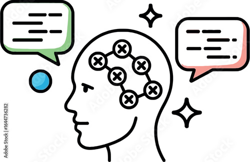 Illustration of a head with connected circles and crosses and speech bubbles with lines inside them