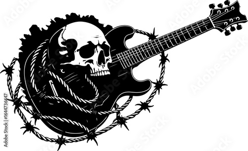 "Rock Inferno: Skull & Electric Guitar Tattoo Design" graphics vector