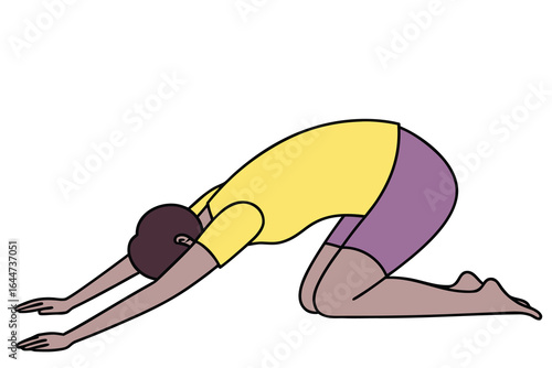 Illustration of Woman Performing Child's Pose Yoga in Yellow Shirt and Purple Shorts