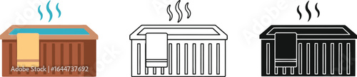 Three illustrations of a hot tub with steam and a towel hung up