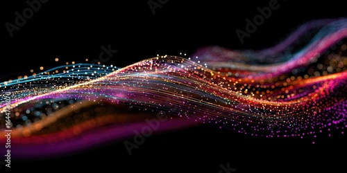 Abstract wavy stream of colorful particles on black background