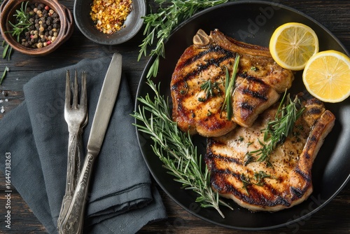 Grilled pork chops on a black plate, garnished with rosemary and lemon slices, accompanied by spices and cutlery on a dark wooden table