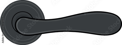A close up of a sleek gray door handle with a rounded base and a curved lever on a white background