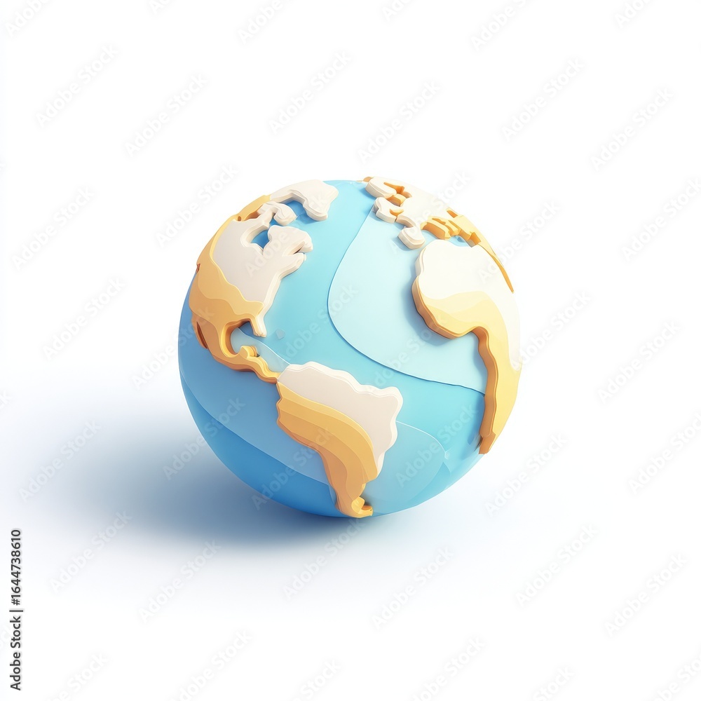 Naklejka premium Stylized 3D globe, light blue with pale yellow landmasses, smooth, rounded contours, simple cartography