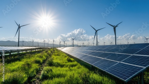 Solar panels and wind turbines in a field under a bright sky