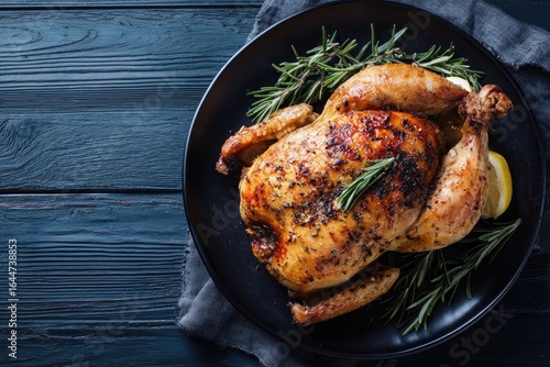 Roasted whole chicken on dark plate, garnished with rosemary and lemon slice, on dark wood
