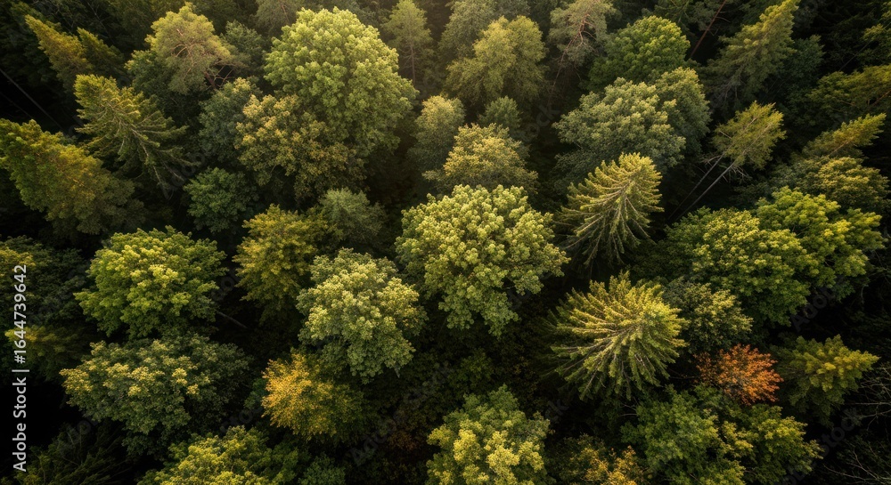 Naklejka premium Aerial view of lush, green forest canopy, textures highlighted by dappled sunlight