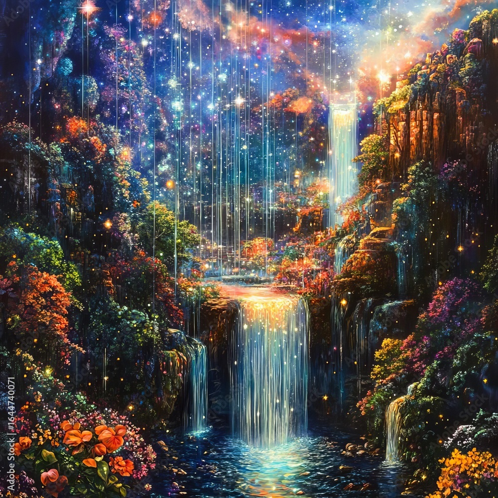 Obraz premium Celestial Dreamfall II A cascade of radiant dreams falling like gentle rain over surreal landscapes calming and visionary