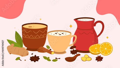 Cozy illustration of traditional Indian Masala Chai tea with aromatic spices and ingredients