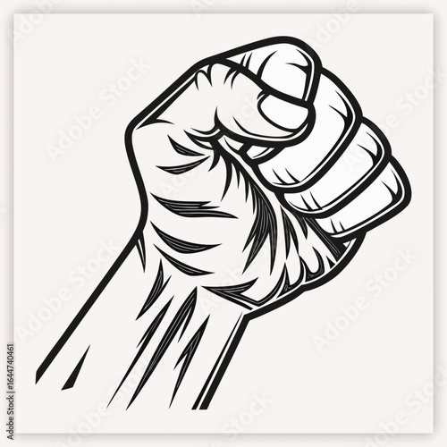 Raised fist line art vector illustration, clenched fist hand sign, fist up hand symbol clip art image, Hand fist black silhouette vector perfect for powerful and symbolic graphic designs.