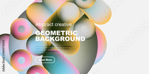 Abstract geometric shapes, vibrant colors, modern design. Text overlay present, button visible. Minimalist aesthetic, clean composition.